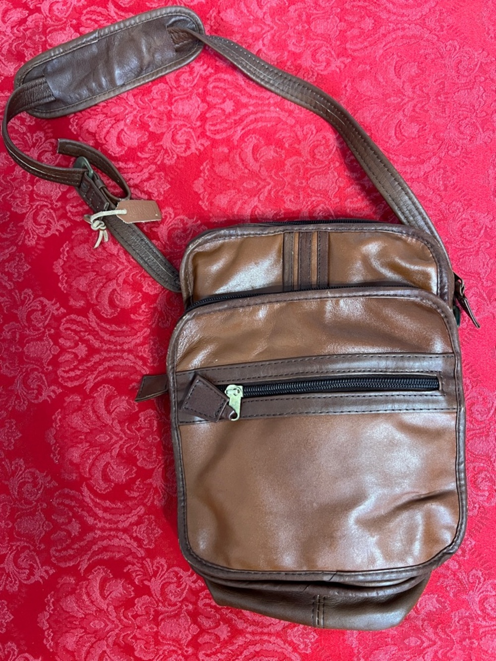 Land Brown Leather Crossbody Bag Vintage Multi Pocket Messenger